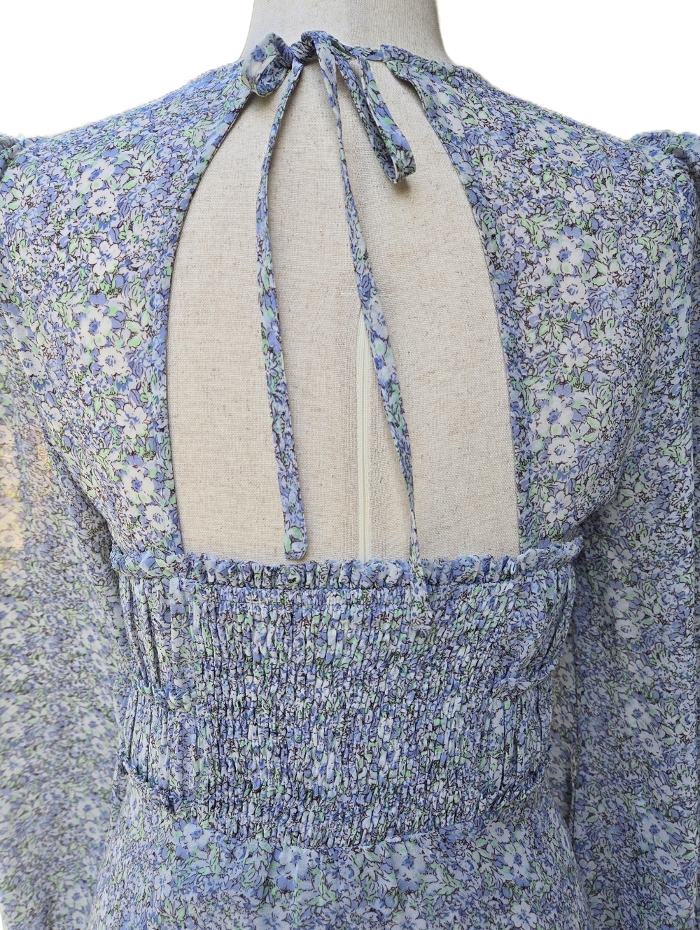 ASTR the Label Floral Mini Dress Light Blue Long Sleeve Cutout Smocked Back S - Picture 7 of 12